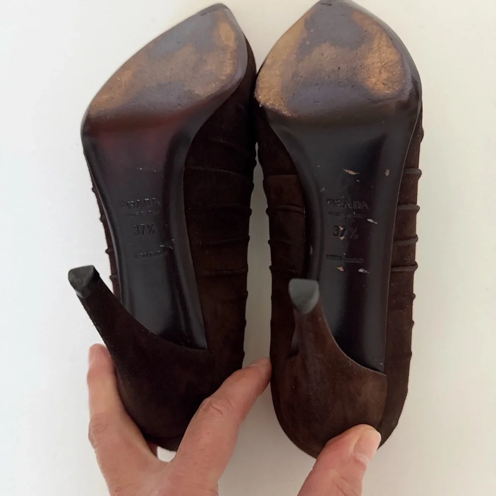 Prada Camoscio Plisse Women's Dark Brown Suede Heels - Picture 7 of 15